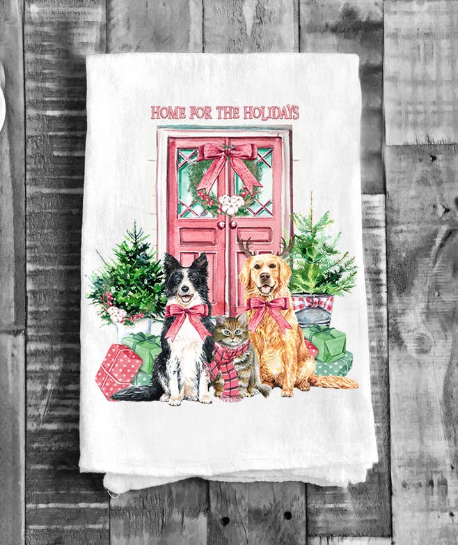 Christmas Home for the Holidays Dogs Flour Sack Tea Towel