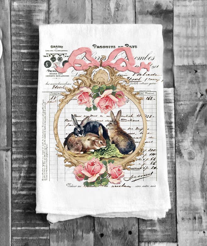 Vintage Easter French Bunny Flour Sack Tea Towel Kitchen