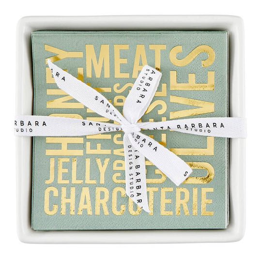 Ceramic Napkin Tray + Napkins - Charcuterie: Ceramic, Paper, Cotton Twill Ribbon
