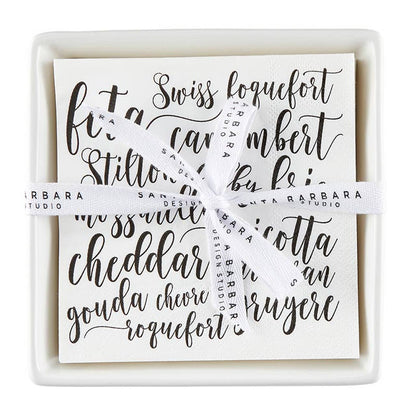 Ceramic Napkin Tray + Napkins - Cheese: Ceramic, Paper, Cotton Twill Ribbon