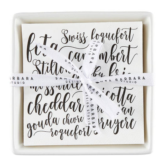 Ceramic Napkin Tray + Napkins - Cheese: Ceramic, Paper, Cotton Twill Ribbon