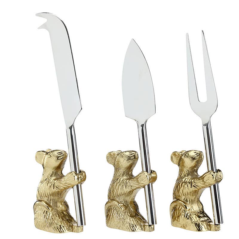 Mice Cheese Knives - Set of 3: Mouse: 2.5" H x 1.75" W ,  Mouse with Knife: 6.5" H x 1.75" W x 1.25" D
