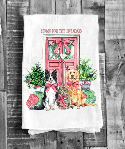 Christmas Home for the Holidays Dogs Flour Sack Tea Towel